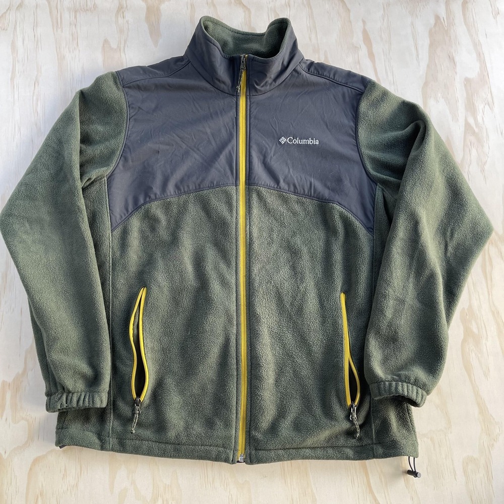 Columbia Jacket Mens Large Green Fleece Full‎ Zip Nylon Yoke Outdoor Hiking Coat